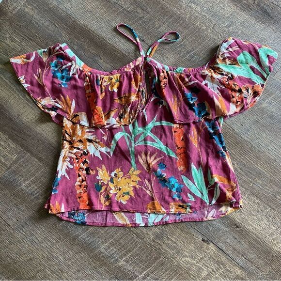 Express Floral Top Off Shoulder Tropical Ruffle Pink Purple Hawaiian - Picture 5 of 12